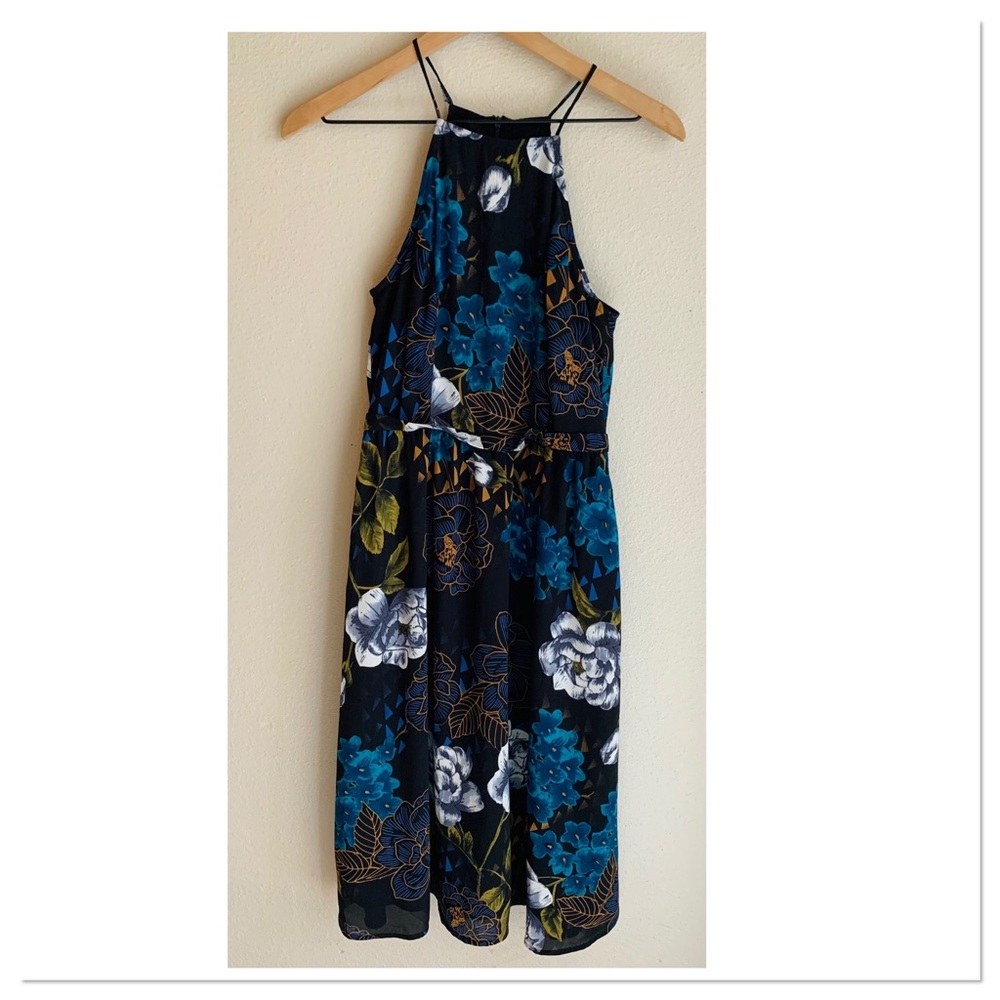 Anthropologie Everly Floral Halter Midi Dress Black Green Blue Size Small
